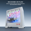 Supports ATX & mATX motherboards ARGB Fans with Center Infinity Mirror Tempered Glass Side Panel Vertical GPU Mount Support Flexible Cooling & Drive Options Front I/O with Type-C Port Sleek White Premium Finish