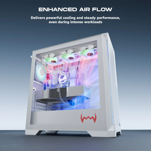 Supports ATX & mATX motherboards ARGB Fans with Center Infinity Mirror Tempered Glass Side Panel Vertical GPU Mount Support Flexible Cooling & Drive Options Front I/O with Type-C Port Sleek White Premium Finish